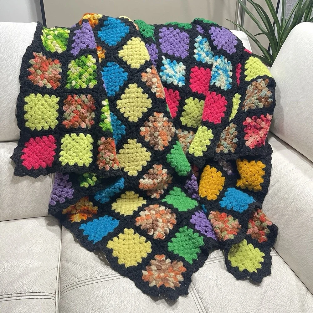 Vintage Retro Handmade Granny Square Crochet Wool Afghan Throw Blanket 70
